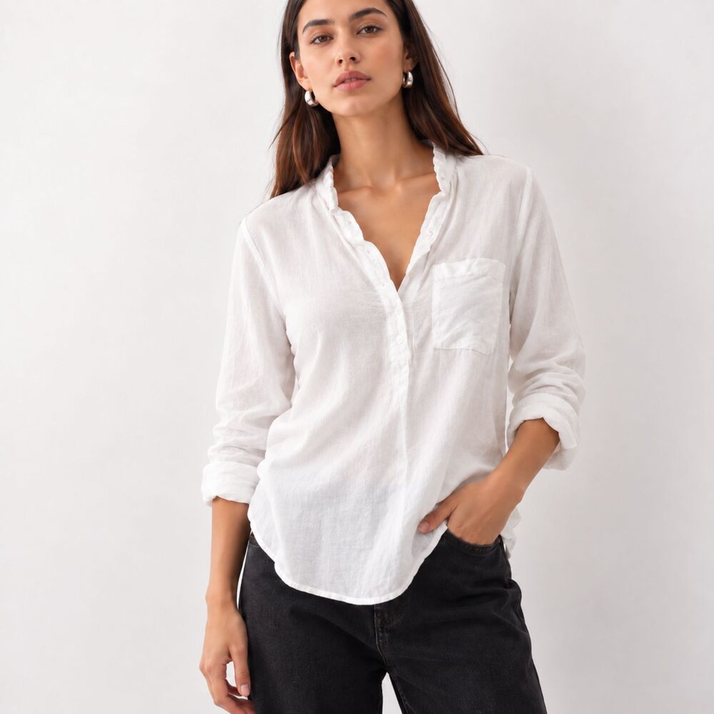 Bella Dahl White Linen Blend Split Neck Oversized Tunic Shirt SL Coastal Relaxed